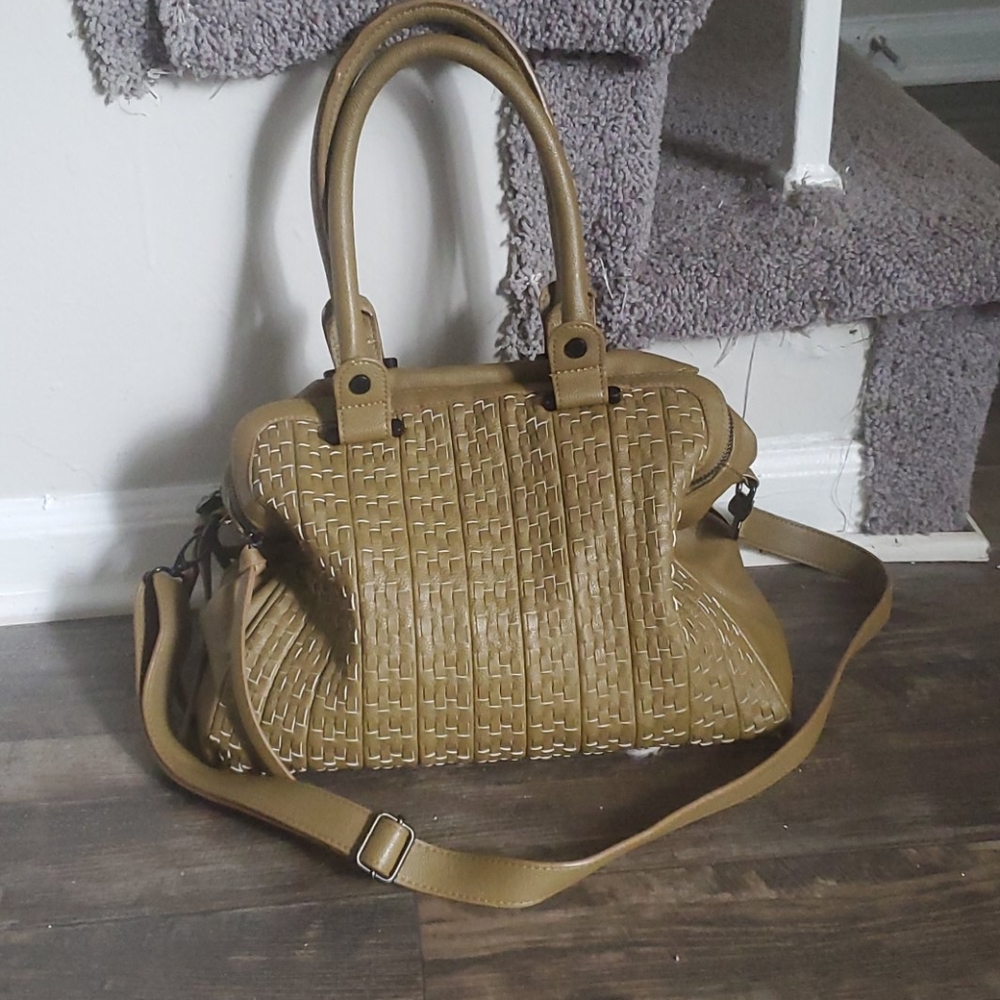 Steve Madden Woven Satchel Bag in Mustard Tan